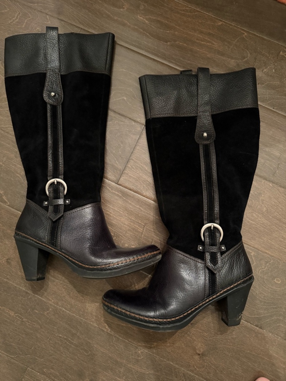 Naturalizer Black Leather & Suede Wide Shaft Mid-Calf Heeled Boots